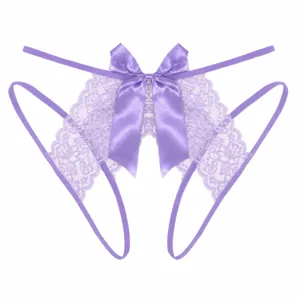 Purple lace crotchless thong with satin bow for women seductive lingerie detail