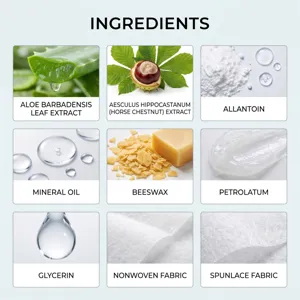 Detailed ingredient chart showing natural extracts and fabric materials for body care patch.