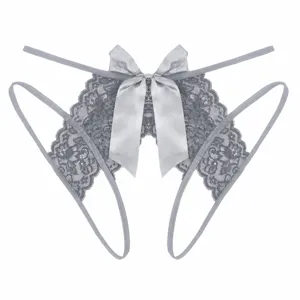 Detailed close-up of grey lace crotchless thong featuring an elegant satin bow.