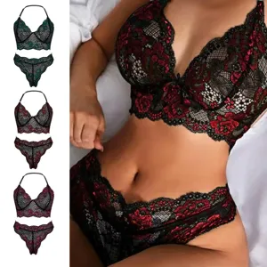 Detailed view of elegant two-tone floral lace lingerie set showing texture and color variants