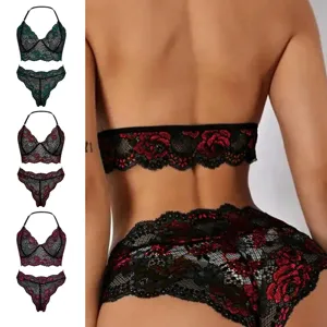 Sexy two-tone lace lingerie set with push-up bra and panties in multiple colors