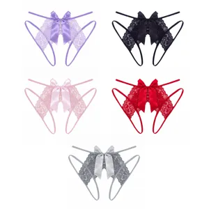 Women sexy open crotch lace thong underwear with large satin bow multi-color set