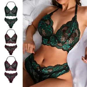Detailed view of women's floral lace lingerie set with push-up bra and matching panties