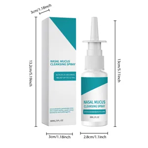 Detailed view of the nasal cleansing spray bottle and box with exact size dimensions.