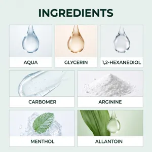Vista dettagliata del prodotto di cura con ingredienti attivi come estratto di menta e glicerina.