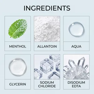 Detail view showing key product ingredients including menthol, glycerin, and pure water elements.