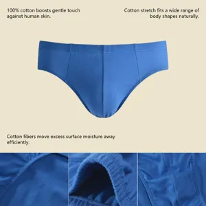 Macro view of blue cotton men's briefs showing fabric texture and stitching details