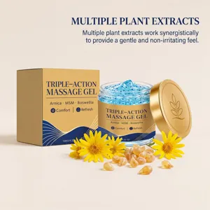 Nahaufnahme von Triple-Action Massage-Gel mit blauer Textur und pflanzlichen Inhaltsstoffen