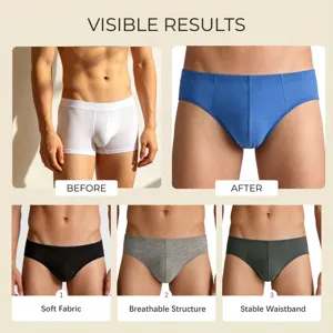 Detail view of breathable men's cotton briefs showing various colors and fit features.