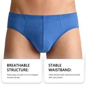 Detailed view of blue men's breathable cotton briefs with feature descriptions.