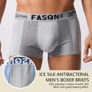 Ice silk antibacterial men's boxer briefs with breathable mesh panels for comfortable daily wear.