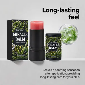 Λεπτομερής προβολή του LANISKA miracle balm stick με συσκευασία και καταπραϋντικά