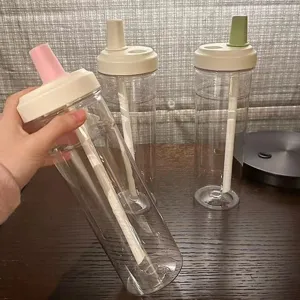 Clear transparent plastic straw water bottle with colorful lid detail view for office.