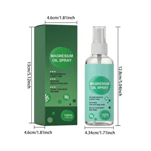 Dimensioni dettagliate del flacone spray all'olio di magnesio da 100 ml e scatola
