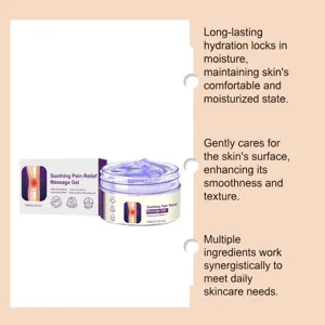 Soothing massage gel detail showing 100g jar packaging, texture and key skincare features.