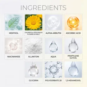 Ingredientes activos clave que incluyen mentol, niacinamida y arbutina en roll-on
