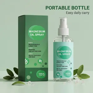 Primo piano professionale dello spray all'olio di magnesio e scatola verde con foglie naturali