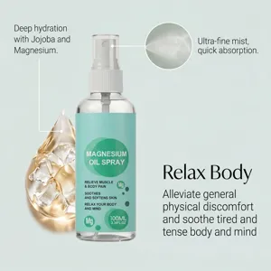 Vista dettagliata dello spray all'olio di magnesio con nebbia fine e benefici corpo