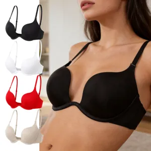 Deep V push-up bra detail showing smooth seamless finish, thin straps and color variants.