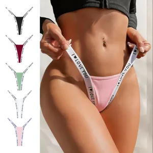 Tanga a V a vita bassa contrastata con fascia elastica con lettere, lingerie sexy e confortevole.