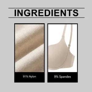 Detailed view of seamless bra fabric, highlighting 91% nylon and 9% spandex material.