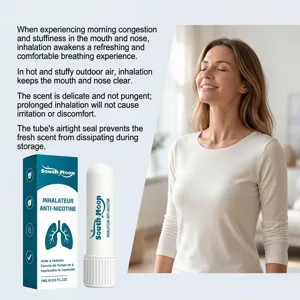 Close-up detail of anti-nicotine nasal inhaler in use, showing refreshing breathing scene.