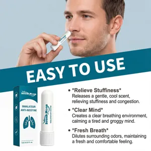 Close-up detail of portable nasal inhaler showing refreshing mint scent and easy usage.