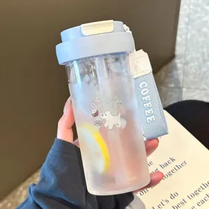 Cute Cartoon Puppy Plastic Water Bottle Portable Straw Tumbler With Lanyard And Tea Infuser For Daily Use