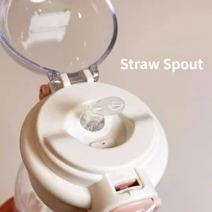 Close-up detail of the transparent straw spout on a cute pink and white water bottle