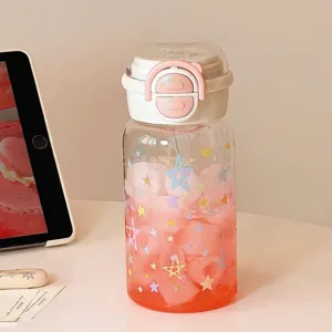 Detailed view of cute star pattern plastic water bottle with pink gradient base