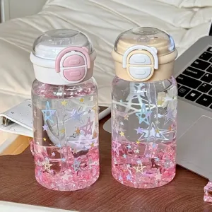 Sommer Stroh Wasserflasche Für Mädchen Sternenmuster Plastikbecher Hohe Kapazität Tragbare Trinkbecher Doppel Trinkdeckel Ins Stil Trinkgefäße