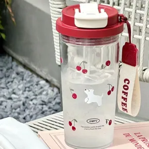 Portable large capacity plastic water tumbler featuring cute cherry and puppy patterns for summer