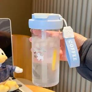 Cute Cartoon Dog Straw Water Bottle PC Plastic Portable Leakproof Sipper Cup With Lanyard For Women Students Summer