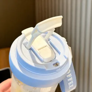 Portable light blue kawaii straw water bottle with a functional dual-mode drinking lid