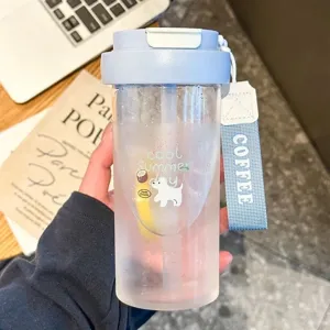 Portable plastic straw water bottle for students and girls, clear cute cup with strap.