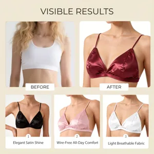 Satin beugelloze driehoek bh met verstelbare bandjes en comfortabele pasvorm.