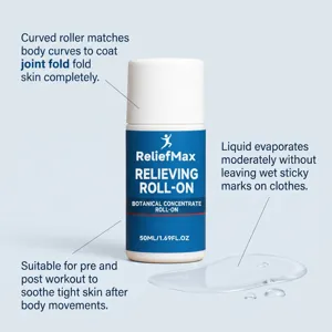 Détail de la bouteille roll-on apaisante musculaire ReliefMax avec liquide et applicateur.