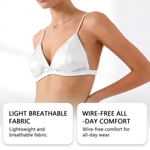 Gedetailleerd opname van witte satijnen draadloze bralette, licht en ademend ontwerp.