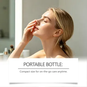 Détail d'une femme utilisant un spray de soin nasal portable dans sa salle de bain.