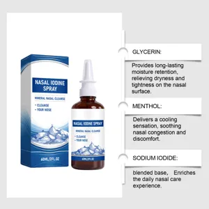 Détails des ingrédients du spray nasal à l'iode comme la glycérine pour un soin apaisant.