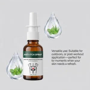 Portable anti-itch spray for soothing skin comfort, gentle formula for outdoor use and refresh.