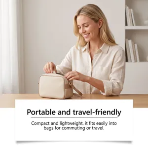 Close-up of a portable beige travel cosmetic bag with zipper in a lifestyle scene.