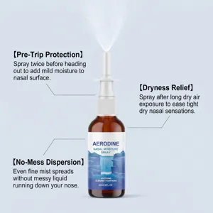 Vue détaillée du spray nasal Aerodine avec effet de brume et conseils d'usage.