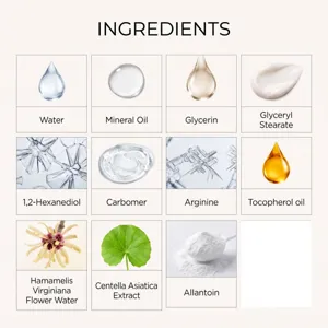 Detaillierte Inhaltsstoffübersicht mit Wirkstoffen wie Wasser, Glycerin und Pflanzenextrakten.