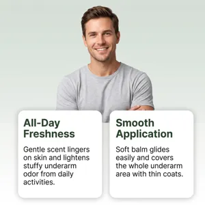 Detail view showing gentle underarm balm application and all-day freshness benefits.
