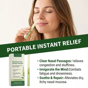 Caucasian woman using a portable nicotine-free herbal inhaler stick for nasal relief