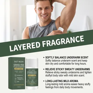 East Moon grass-fed tallow deodorant stick, forest amber scent, keeps underarms dry and fresh.