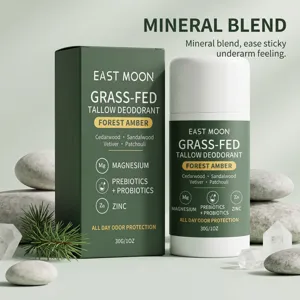 Detail view of East Moon tallow deodorant stick with natural mineral blend formula.