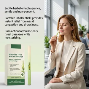 Woman using a nicotine-free herbal inhaler stick for nasal relief in a bright office setting