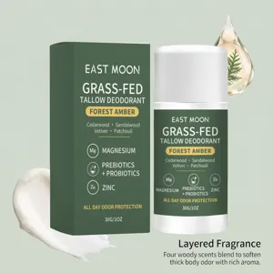 East Moon tallow deodorant stick detail, natural forest amber scent, long-lasting odor protection.